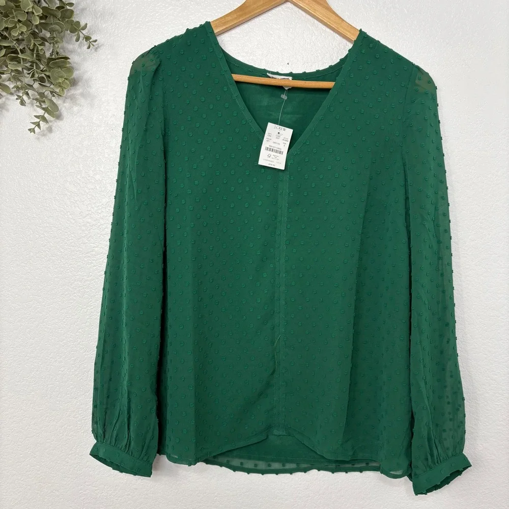 J. Crew Swiss Dot V Neck Long Sleeve Blouse Emerald Green Size S
